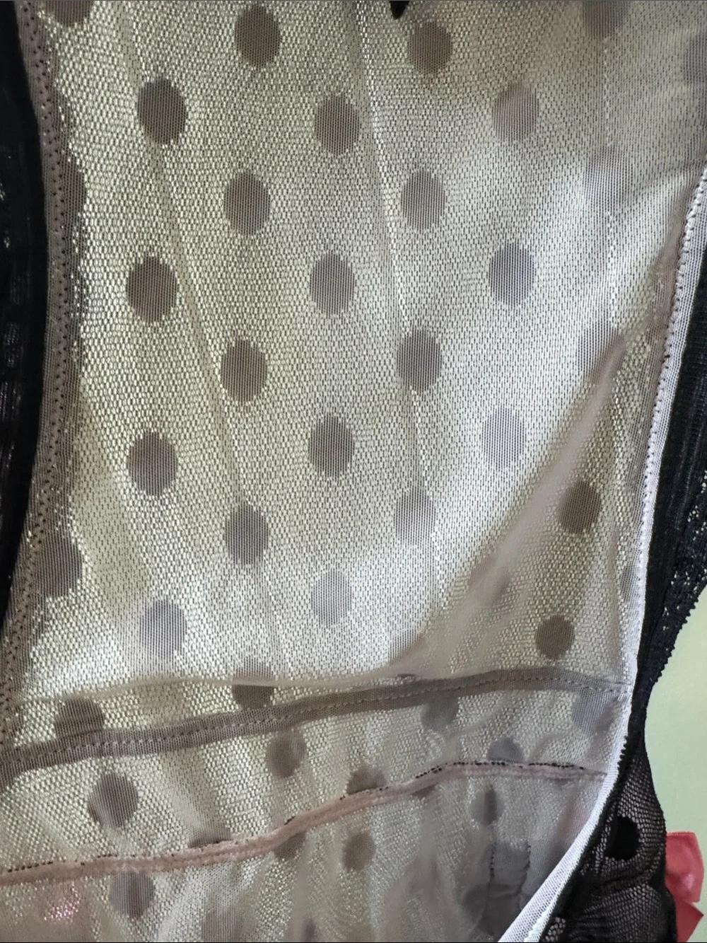 Victoria’s Secret Black Polka Dot Mesh Chemise with Pink Satin Bows 34B